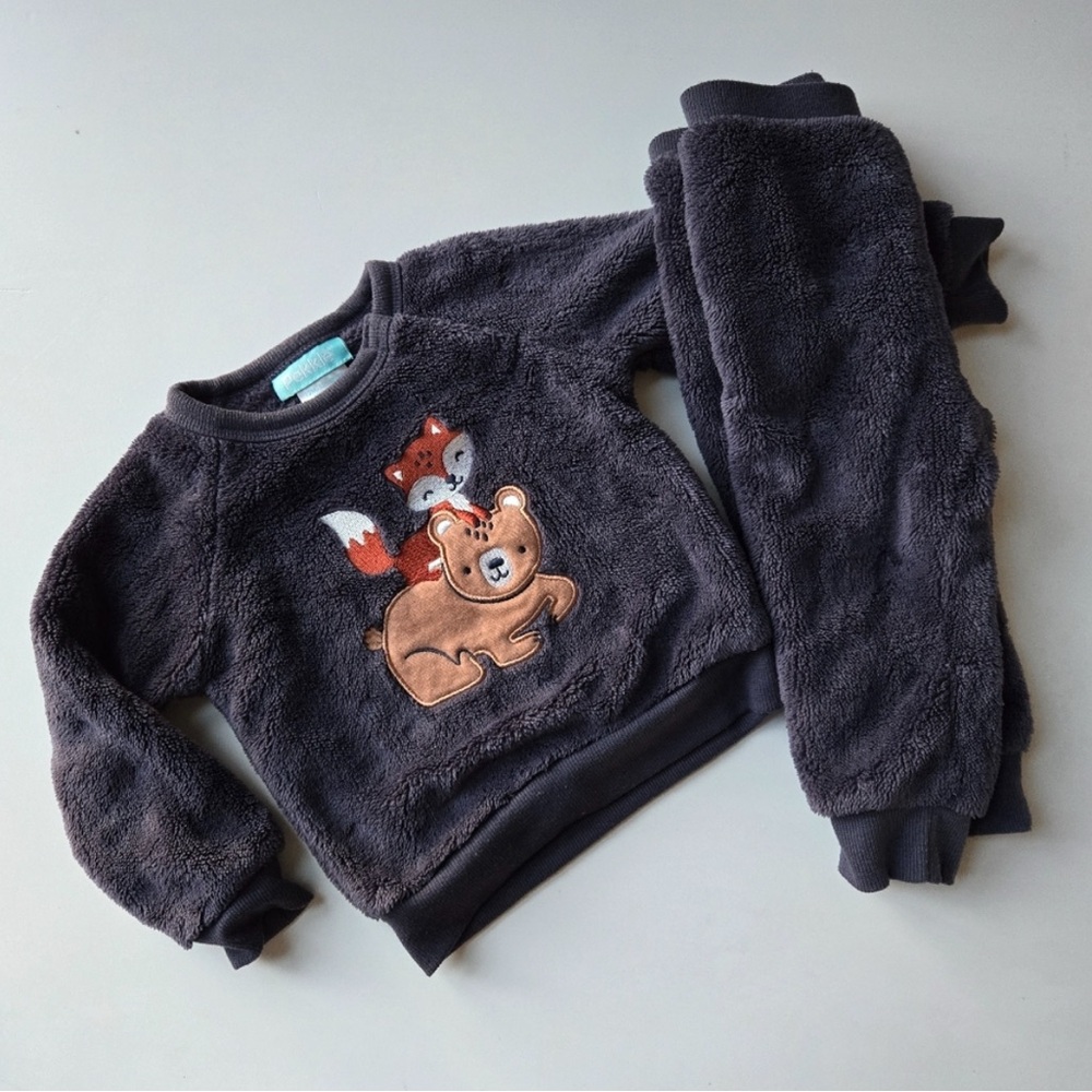 2 sets of fleece: 
1. Pekkle Cozy Fleece Fox Bear 12M
2. Blue fleece set 18M
